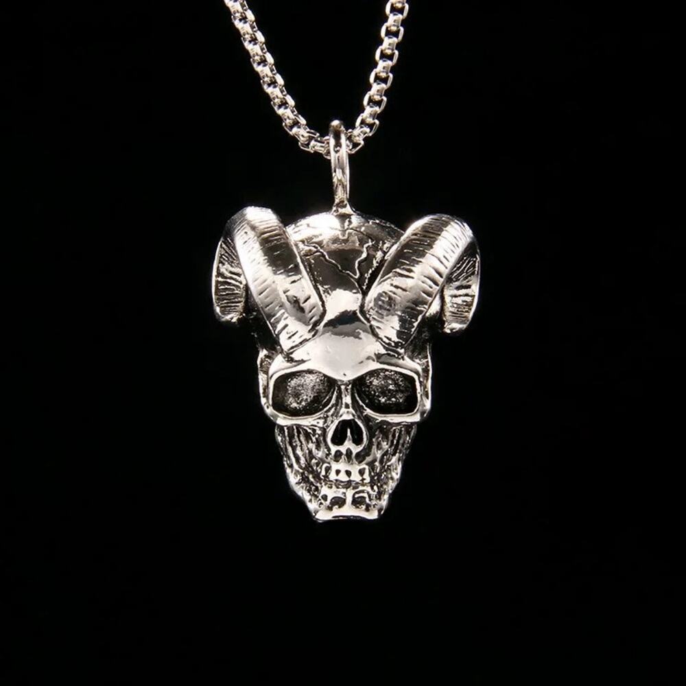 Gothic Ram Skull Pendant Necklace, Stainless Steel Biker Jewelry